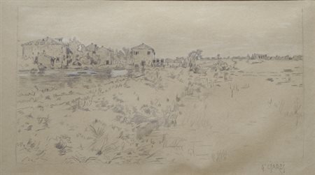 Guglielmo Ciardi (Venezia, 1842 - 1917) PAESAGGIO SUL FIUME Disegno su carta,...