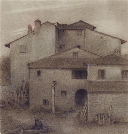 Orazio Toschi (Ravenna, 1887 - 1972) VECCHIE CASE A SERA Carboncino su carta,...