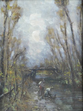 Eugenio Gignous (Milano, 1850 - 1906) FIGURE NEL FIUME Olio su cartone, cm....