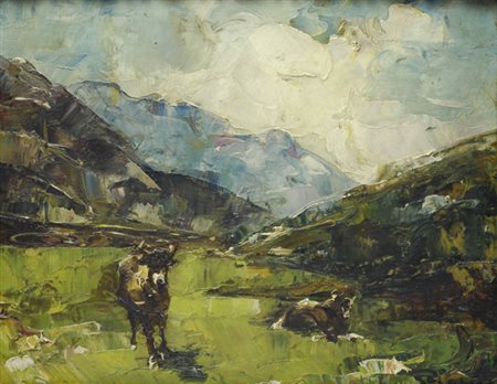 Mario Pobbiati (Milano, 1857 - Milano, 1956) PASCOLO IN MONTAGNA Olio su...