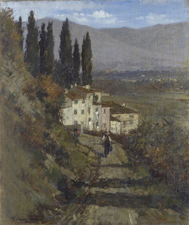 Giuseppe Comparini (Firenze, 1894 - 1980) PAESE CON FIGURE Olio su tela, cm....