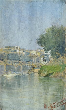 Natale Attanasio (Catania, 1846 - Roma, 1923) LUNGO TEVERE Olio su tavola,...