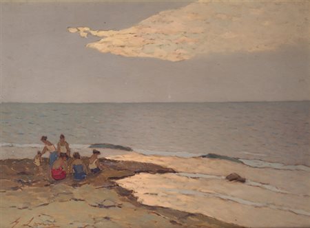 Giovanni Lomi (Livorno, 1889 - 1969) DAGLI SCOGLI VERSO SERA Olio su...