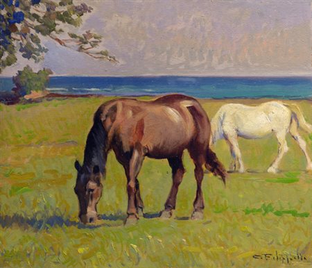 Cafiero Filippelli (Livorno, 1889 - 1973) CAVALLI AL PASCOLO Olio su...