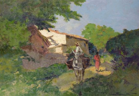 Carlo Domenici (Livorno, 1898 - 1981) PAESAGGIO CON ASINELLO E FIGURA Olio su...