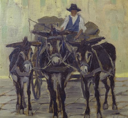 Giovanni Lomi (Livorno, 1889 - 1969) CARBONAIO Olio su cartone, cm.21,5x22,7...