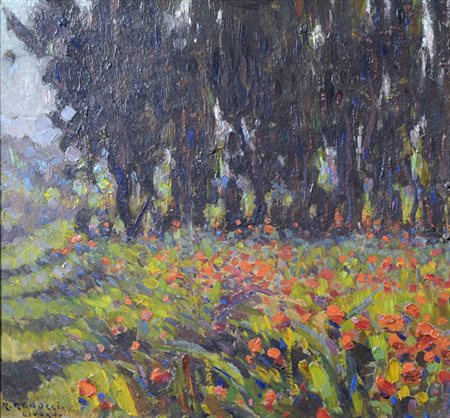 Renuccio Renucci (Livorno, 1880 - 1947) CAMPO DI PAPAVERI Olio su cartone,...