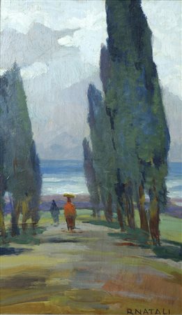 Renato Natali (Livorno, 1883 - 1979) CIPRESSI E FIGURE Olio su compensato,...