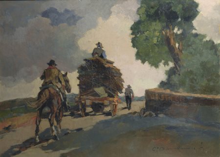 Carlo Domenici (Livorno, 1898 - 1981) IL CARRO Olio su compensato, cm. 50x70...