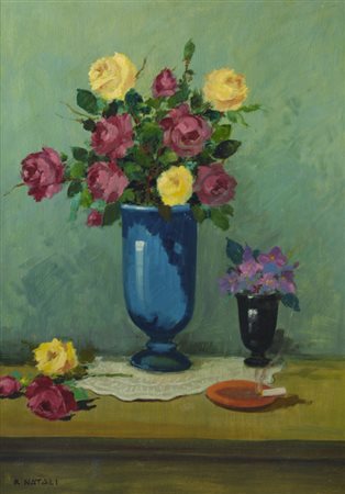 Renato Natali (Livorno, 1883 - 1979) FIORI Olio su compensato, cm. 70x50...
