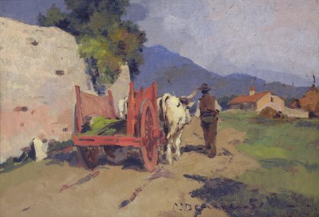 Carlo Domenici (Livorno, 1898 - 1981) IL CARRO Olio su compensato, cm. 35x49...