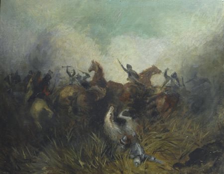 Oscar Ricciardi (Napoli, 1864 - 1937) BATTAGLIA Olio su tela, cm. 40x50 Firma...