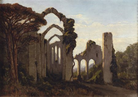 Achille Vertunni (Napoli, 1826 - Roma, 1897) PAESAGGIO CON ROVINE E PASTORE...