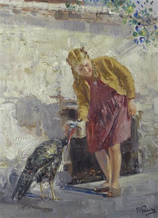 Giovanni Panza (Napoli, 1894 - 1989) BIMBA CON TACCHINO Olio su compensato,...