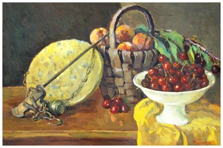 MARIO TAMBURINI Casciana Terme 1914 – 1989 Pesche con ciliegie 1962 Olio su...