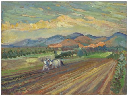 SANTI MACCHIA Pisa 1884 – 1964 L'aratura a Mezzana Olio su cartone 22 x 29....