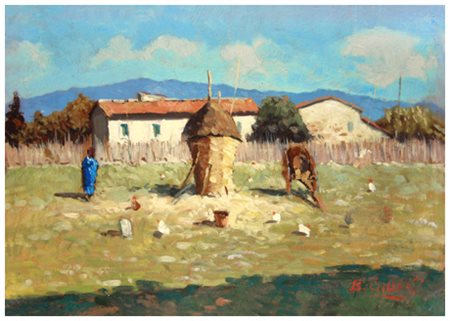 BRUNO GIUSTI Livorno 1937 Senza titolo Olio su cartone 20 x 29,5. Firma in b....