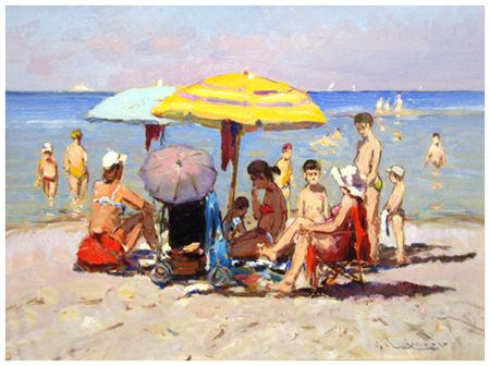 GIORGIO LUXARDO Livorno 1937 Bagnanti Olio su tavola 30 x 40. Firma in b. a...