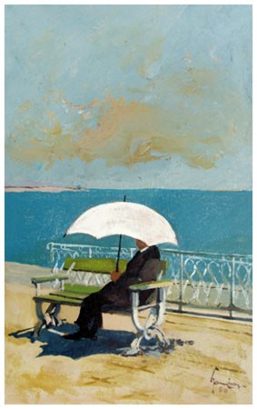 CELESTINO GAMBA Siesta di pensionato con parasole bianco (Alassio 1966) 1969...