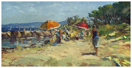 AGOSTINO VERONI Livorno 1963 Spiaggia a Vada Olio su tela 50 x 100. Firma in...