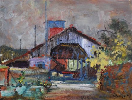 BUSO ARMANDO Tezze di Piave 1914 - Oderzo 1975 Fattoria 1943 olio su cartone...