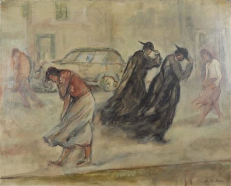 MILANO BRUNO Milano 1907 - Belluno 2001 Giornata ventosa olio su tela 60x75...