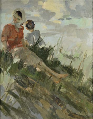 PRIVATO COSIMO Venezia 1889 - 1971 Figure sull'erba olio su cartone pressato...