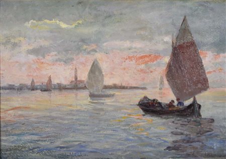 FRAGIACOMO ANTONIETTA Venezia 1859 Barche in laguna olio su cartone 21x30...