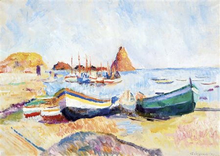 GORDIGIANI EDOARDO Firenze 1866 - Marradi 1961 Paesaggio marino con barche...