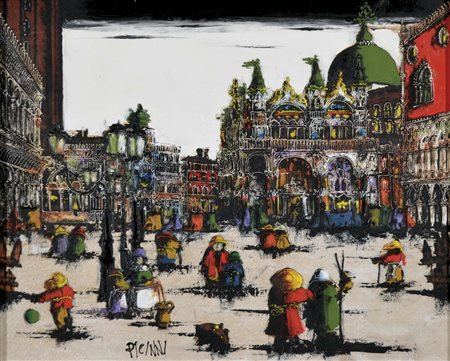 PICINNI GENNARO Bari 1933 Figure in piazza olio su tavola 40x50 firma in...