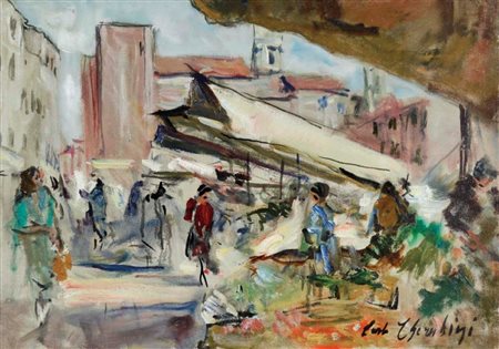 CHERUBINI CARLO Ancona 1897 - Venezia 1978 Mercato olio su tela 35x50 firma...