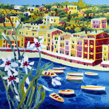 FACCINCANI ATHOS (Peschiera D/G 1951) "Portofino e fiori bianchi" Olio su...