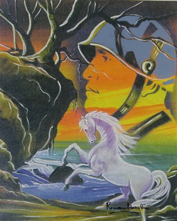 Mussolini Romano Tra sogno e realtà retouché su base litografica, cm. 55x45,...