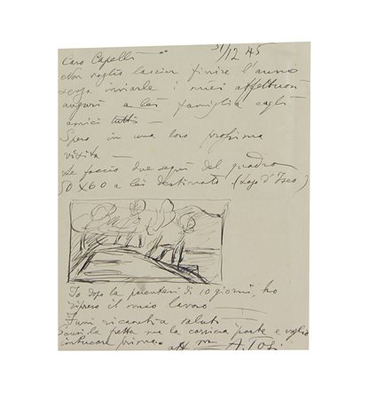 Tosi Arturo Lettera con schizzo di paesaggio, 1945 inchiostro su carta, cm....