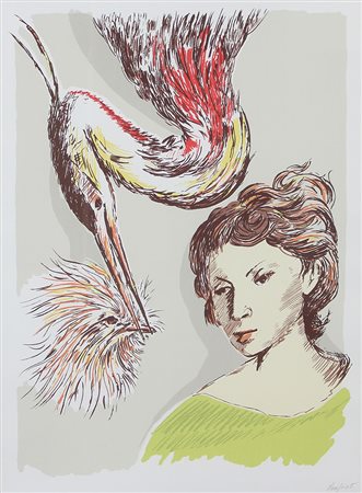 Purificato Domenico Donna con cigno, 1981 serigrafia su carta, cm. 77x60, es....