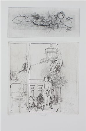 Saroni Sergio Bambina sul terrazzo, 1976 acquaforte a 2 colori su 2 lastre su...