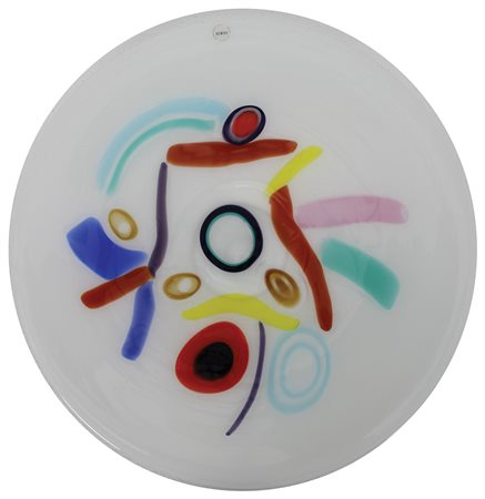 VEART Piatto "AURAS" vetro bianco lattimo con inserti a colori, diam. cm. 39...