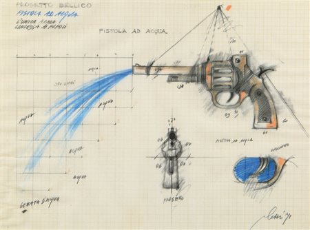 FABRIZIO PLESSI (1940) Progetto bellico. Pistola ad acqua 1971 tecnica mista...