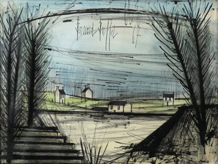 BERNARD BUFFET (1928 -1999) Bateaux à mare'e basse 1968 tecnica mista su...