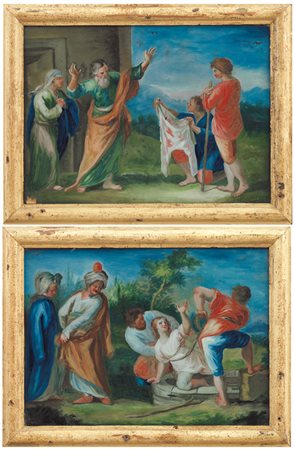SCUOLA NAPOLETANA DEL XVIII SECOLO Scene biblicheCoppia di oli su vetro, cm...