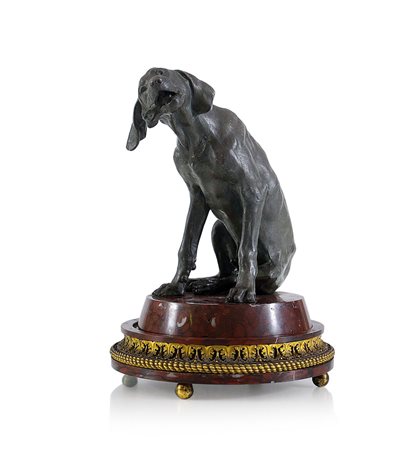 SCULTORE DEL XIX SECOLO Cane Bronzo a patina verde, base in marmo rosso e...