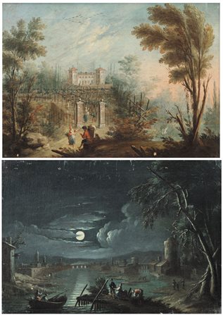 SCUOLA VENETA DEL XVIII SECOLO Paesaggio con castello ed astanti Paesaggio...