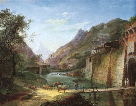 PITTORE DEL XIX SECOLO Paesaggio fluviale con pastori e armentiOlio su tela,...