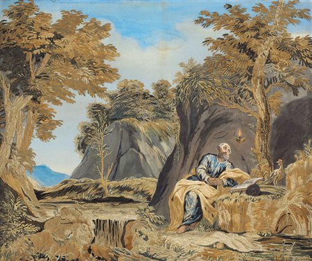 PITTORE DEL XIX SECOLO Paesaggio con Santo in preghieraPannello in seta...