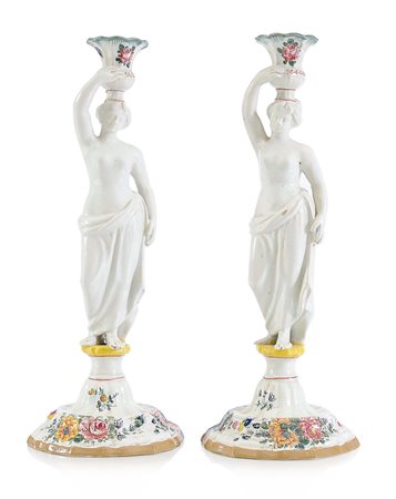 BASSANO DUE CANDELIERI IN MAIOLICA, NOVE DI BASSANO, G.M.BACCIN, INIZIO XIX...