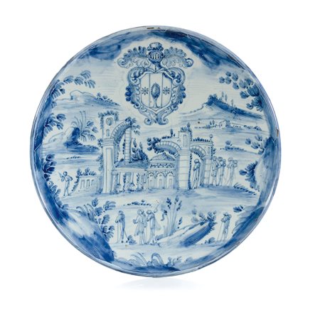 SAVONA ALZATA IN MAIOLICA, SAVONA, XVIII SECOLO, decoro blu a paesaggio con...