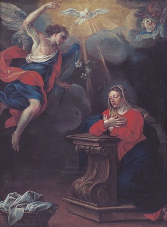 PITTORE DEL XVIII SECOLO Annunciazione Olio su tela, cm 105,5x78,5.