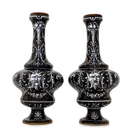 OGGETTISTICA VARIA COPPIA DI VASI IN METALLO DECORATO A SMALTI, LIMOGES, XIX...