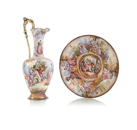 VIENNA PICCOLO VERSATOIO CON PIATTO IN ARGENTO DECORATO A SMALTI POLICROMI,...