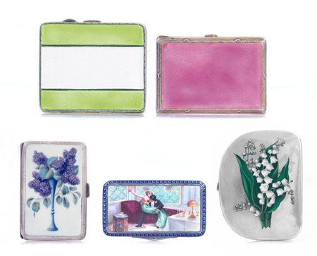 ARGENTI D'EPOCA DUE TABACCHIERE E TRE PORTA SIGARETTE IN ARGENTO E SMALTI...